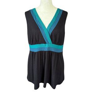 a.n.a black sleeveless v-neck tank top with green and blue trim stretchy Large